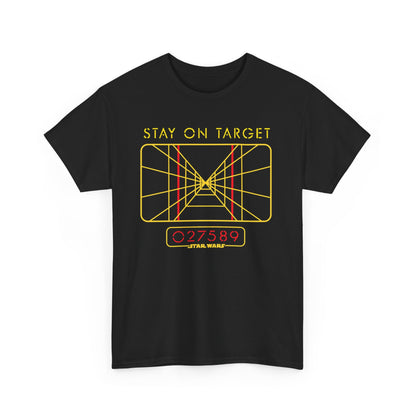 Elegant Stay On Target Star Wars T-shirt showcasing a striking independent design with a yellow targeting grid, tailored for unisex wear.