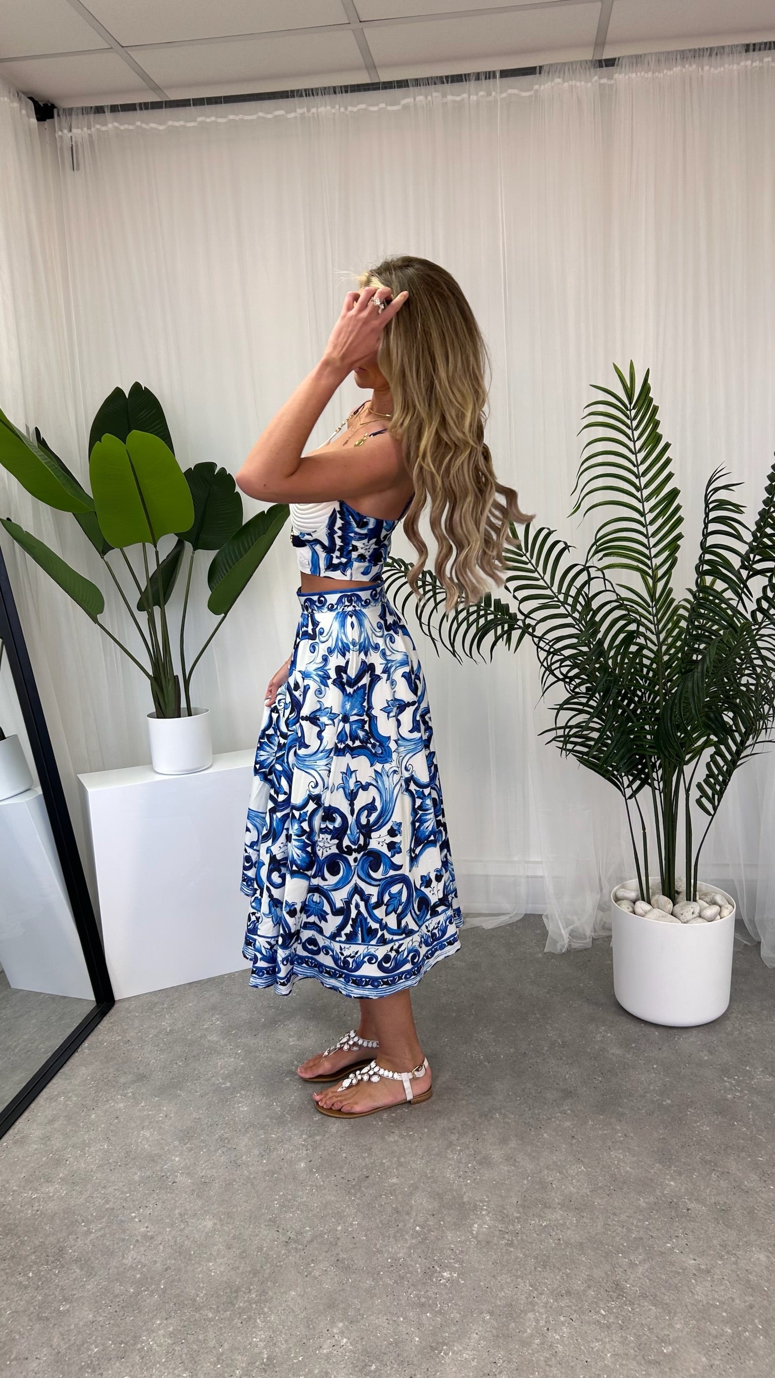 Luxurious Penelope 2-Piece Bralette Crop Top and Maxi Skirt Set in a Dolce & Gabbana inspired print, perfect for summer, showcased by Girl In the Mirror, available in sizes S to L.