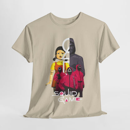 Elegant beige Squid Game-inspired graphic t-shirt featuring iconic characters from the Netflix series, designed for unisex appeal and a stylish urban look.