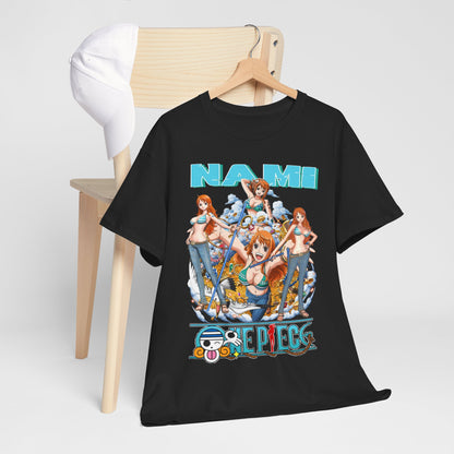 Luxury black t-shirt featuring a vibrant Nami design from the popular anime series, adorned with colourful artwork capturing her adventurous spirit.