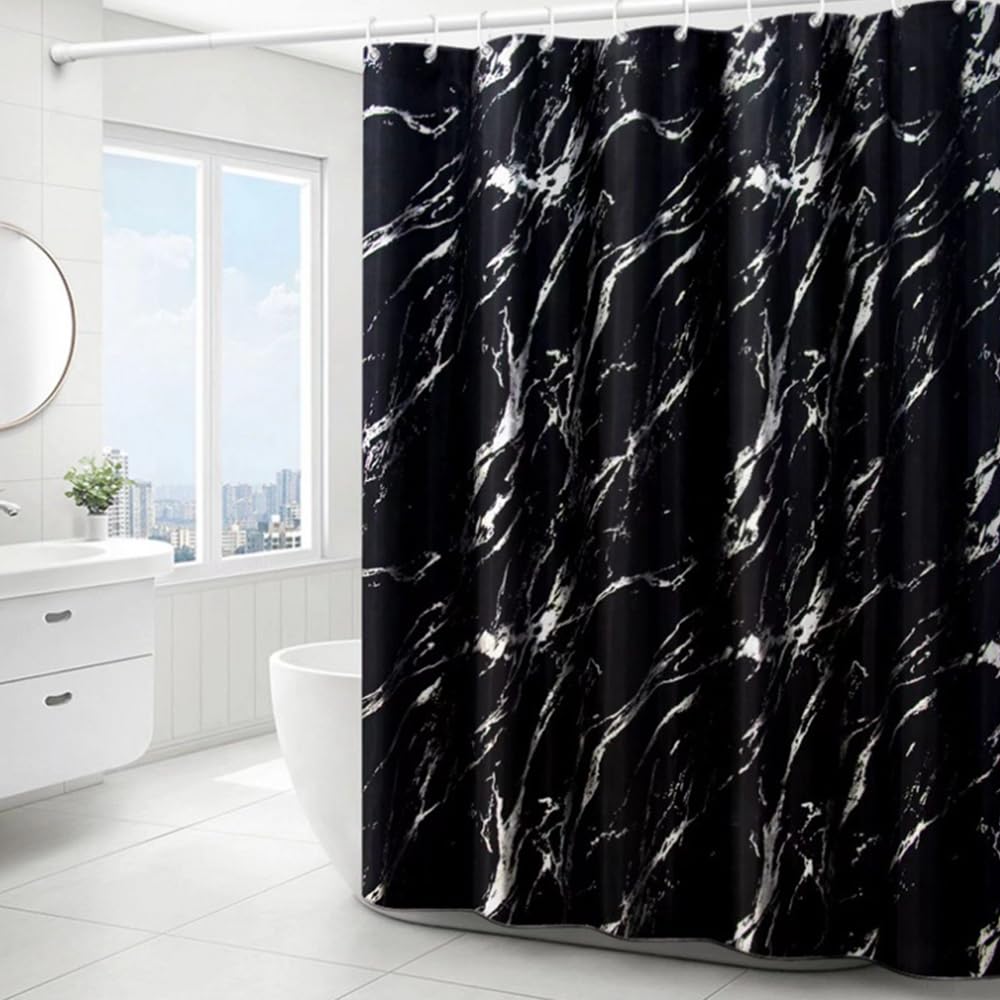 Black Shower Curtain 180x180cm black Marble pattern shower curtains Water Resistant Quick Dry Polyester Bathtub Shower Curtain with 12 Hooks for Wet