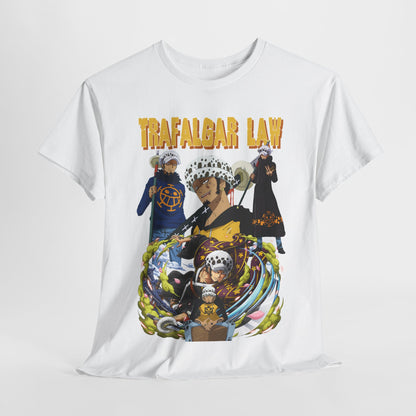 Elegant white t-shirt featuring an eye-catching graphic design of Trafalgar Law, a prominent character from the anime One Piece, adorned with vibrant artwork showcasing his iconic poses amidst swirling clouds and delicate pink flowers.