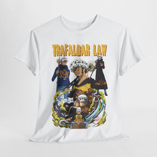 Elegant white t-shirt featuring an eye-catching graphic design of Trafalgar Law, a prominent character from the anime One Piece, adorned with vibrant artwork showcasing his iconic poses amidst swirling clouds and delicate pink flowers.