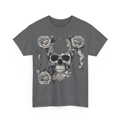 Front view of the Skulls and Roses Cotton Tee displayed against a clean backdrop, revealing a captivating steampunk skull surrounded by roses, perfect for alternative fashion lovers.
