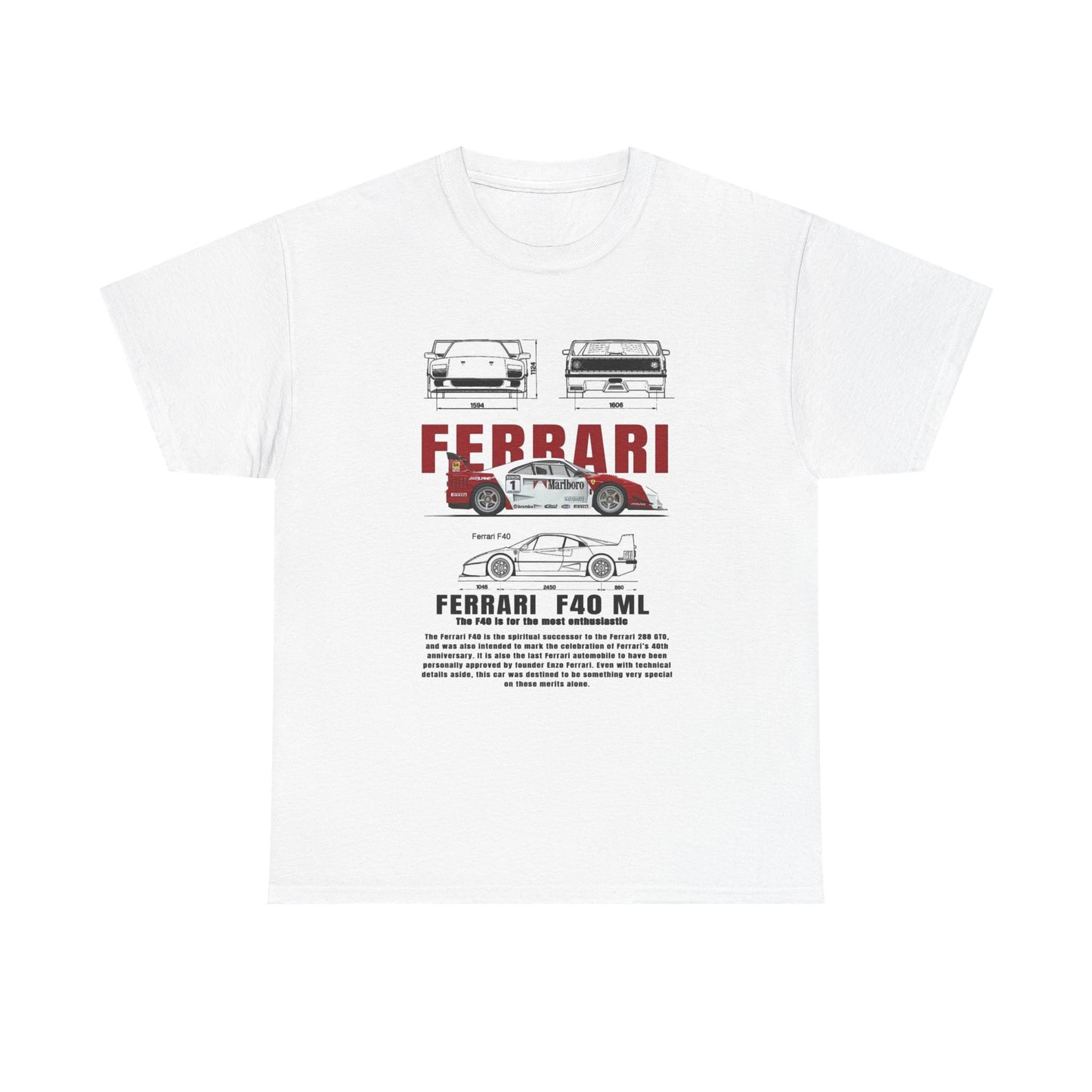 T-Shirt Ferrari F40 Marlboro Graphic Design Tee. Unisex Car Enthusiast Top Mens