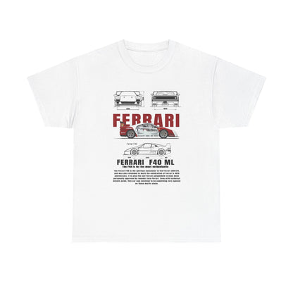 Luxury unisex T-shirt featuring Ferrari F40 Marlboro graphic design, showcasing detailed illustrations of the iconic Ferrari models, perfect for car enthusiasts.