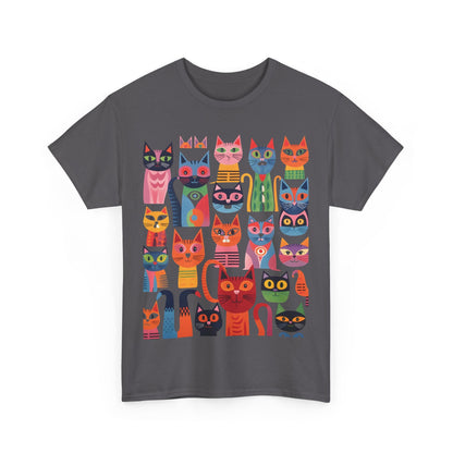 Purrfection Graphic T-Shirt featuring a vibrant display of stylised cats on a dark grey cotton tee, perfect for art and cat lovers.