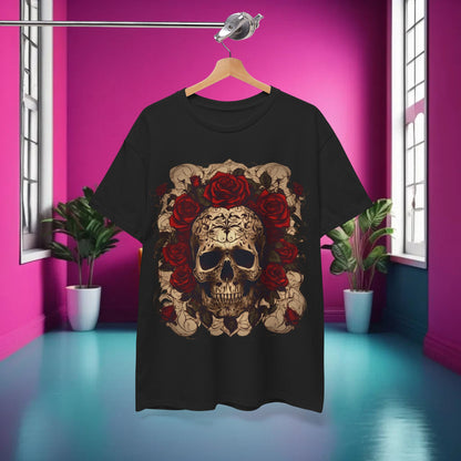 Skulls and Roses Cotton Tee featured in a stylish black colour, showcasing a stunning steampunk-inspired skull and rose graphic design, ideal for alternative fashion.