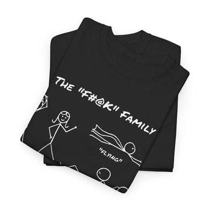 Luxury black cotton unisex t-shirt featuring 'The "F#@K" Family' minimalist graphic design with stick figures, ideal for showcasing a unique sense of humour in style.