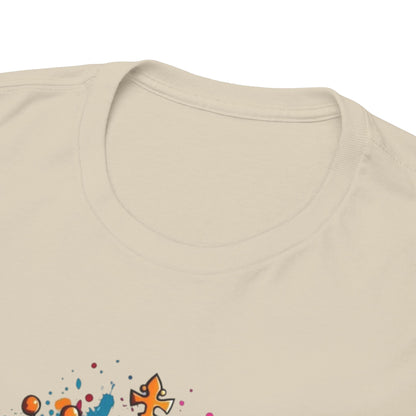 Close-up of a refined T-shirt neckline, highlighting exceptional quality and attention to detail, featuring a dynamic skull design with decorative paint splatters.