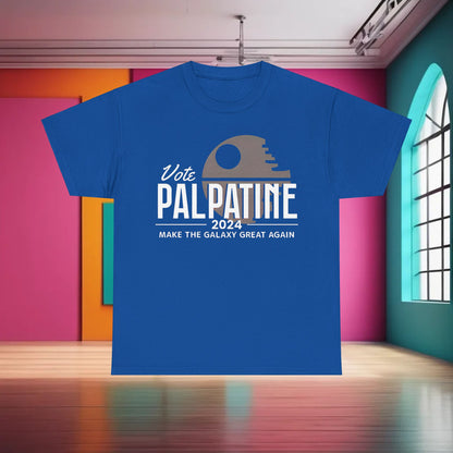 Vote Palpatine Star Wars Graphic T-Shirt in rich blue, elegantly designed with a prominent Death Star and clever slogan 'Make the Galaxy Great Again', a must-have for the sophisticated enthusiast.