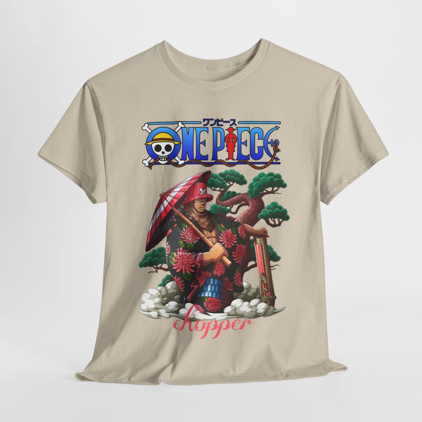 Stylish t-shirt with a captivating Chopper illustration from One Piece, portrayed amid artistic Japanese elements, perfect for adding a touch of luxury to casual wear.