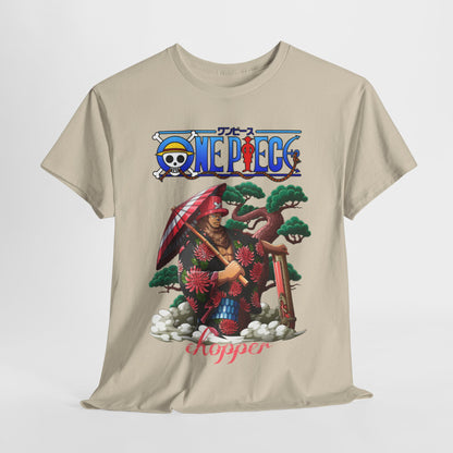 Stylish t-shirt with a captivating Chopper illustration from One Piece, portrayed amid artistic Japanese elements, perfect for adding a touch of luxury to casual wear.
