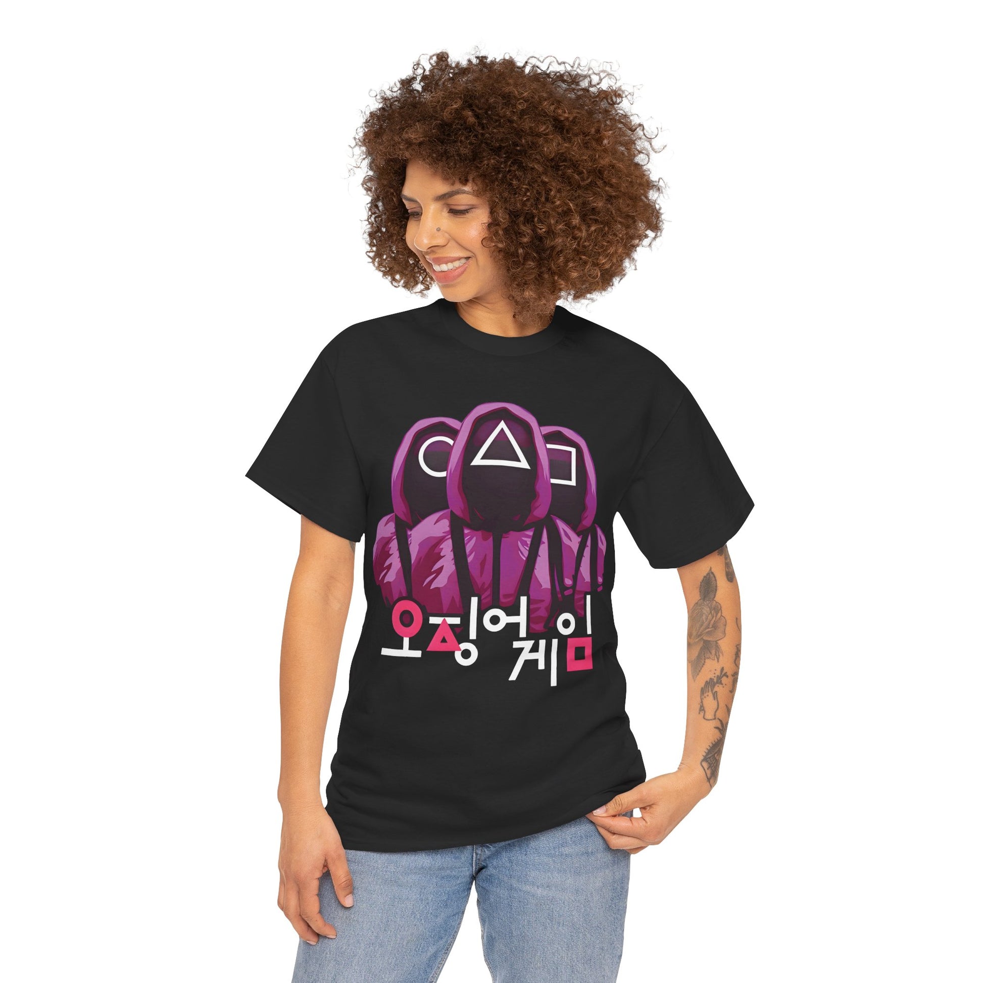 Squid Game Unisex Men’s Women’s Graphic T Shirt Tee displayed on a model, highlighting the bold purple graphic and stylish fit, ideal for fashion-forward enthusiasts.