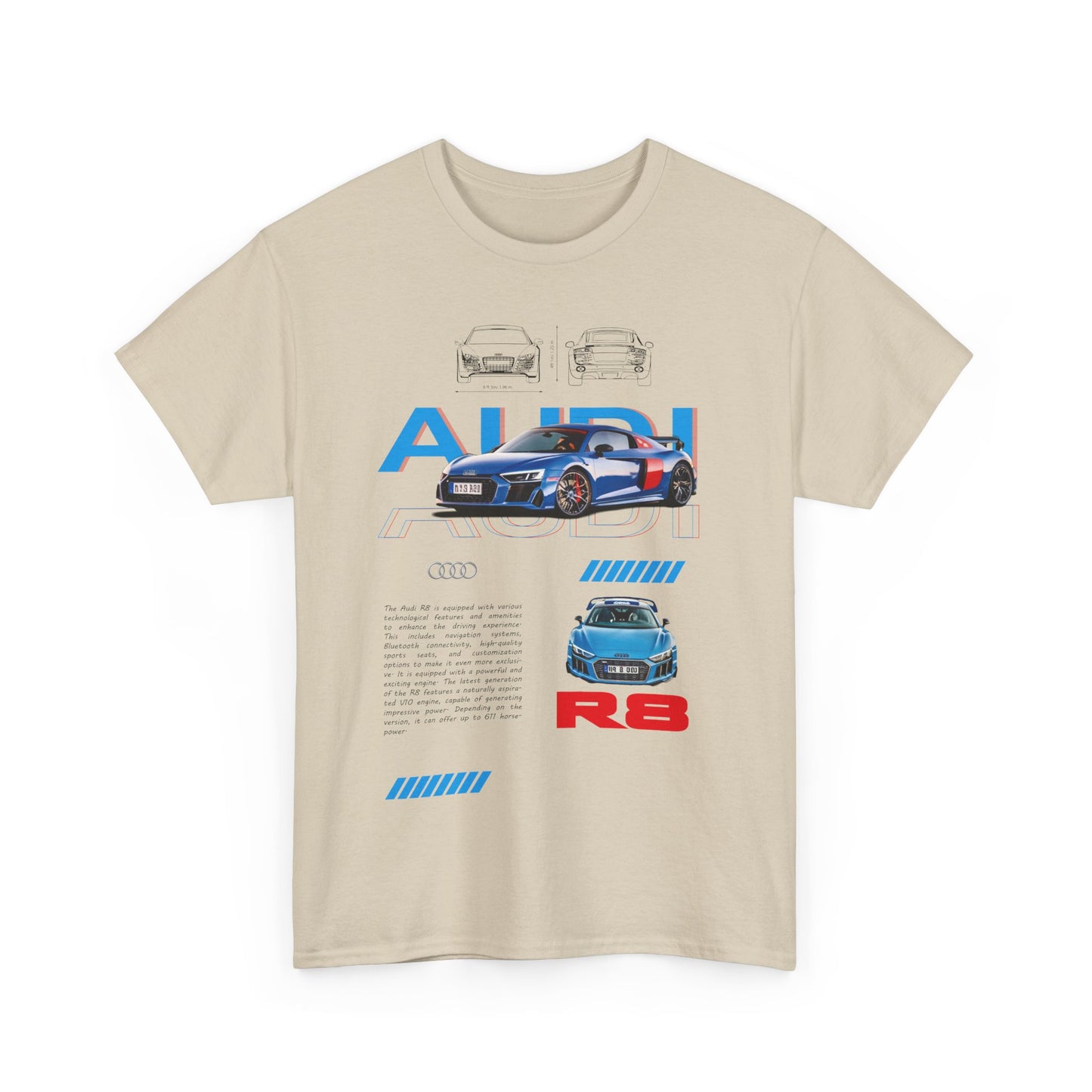 Front view of the stylish men's Audi R8 t-shirt in beige, featuring vibrant Audi R8 graphics, perfect for luxury fashion lovers.