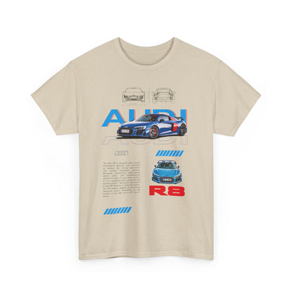 Front view of the stylish men's Audi R8 t-shirt in beige, featuring vibrant Audi R8 graphics, perfect for luxury fashion lovers.