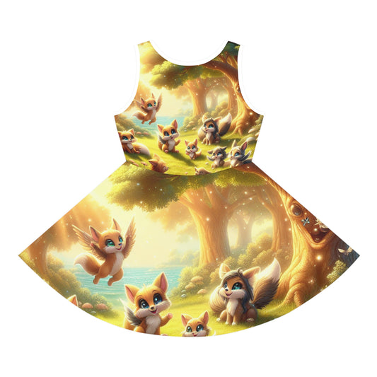 Delilah Blossom - Whimsical Girls Sundress adorned with charming fantasy creatures amidst a picturesque summer scene, ideal for spirited explorations.