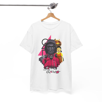 Chic Squid Game t-shirt elegantly displayed on a wooden hanger, showcasing its unique and eye-catching design that captures attention.