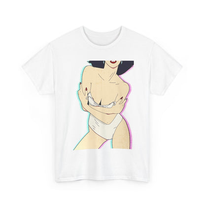 Stylish unisex cotton t-shirt featuring a vintage pin-up girl graphic in a suggestive pose, highlighting her form against a muted pastel gradient background.