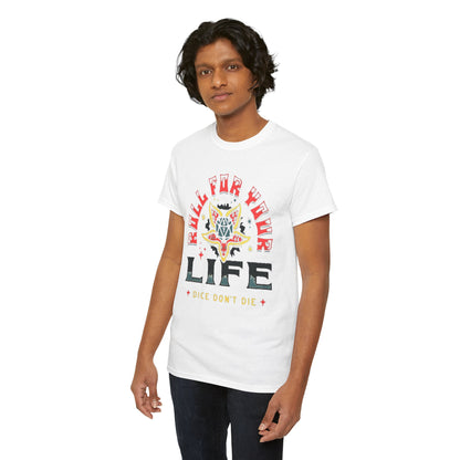 Luxurious white graphic t-shirt featuring a vibrant 'ROLL FOR YOUR LIFE' design with intricate illustrations, perfect for both men and women who appreciate stylish urban streetwear.