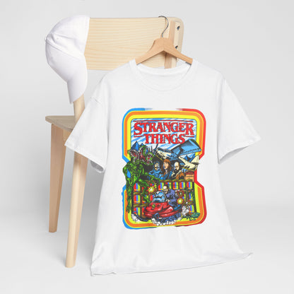 Artistic presentation of a unisex 'Stranger Things' graphic t-shirt arrayed against a minimalist backdrop, highlighting the striking retro design that celebrates 80s arcade culture.