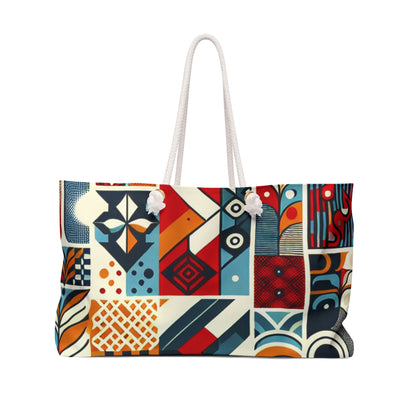 Elara Stirling Weekender Bag by Dazzling Dreams Studio in a striking vibrant red checkerboard design with durable rope handles, perfect for stylish weekend getaways.