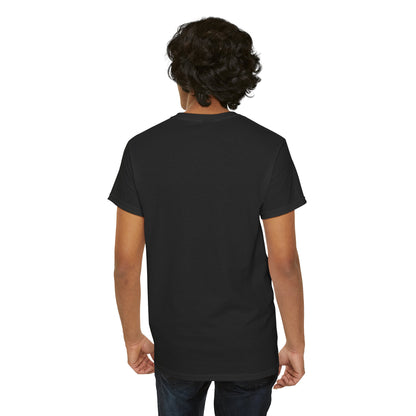 Back view of a sleek black T-shirt, highlighting its minimalist design, ideal for casual sophistication.