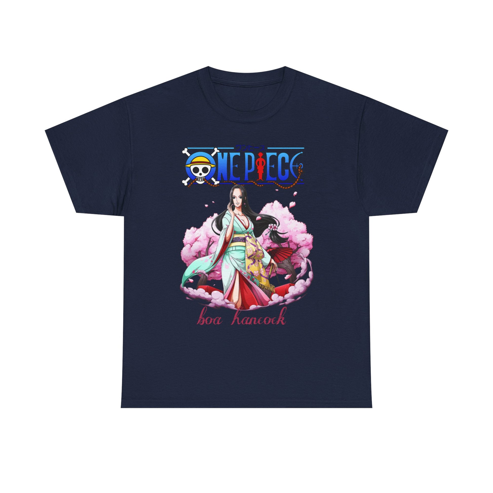 Refined navy blue t-shirt featuring a captivating portrayal of Boa Hancock from One Piece, elegantly dressed in a kimono against a backdrop of pastel cherry blossoms. A sophisticated addition to any anime-themed wardrobe.