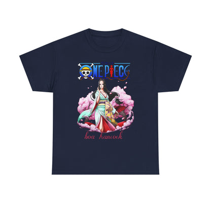 Refined navy blue t-shirt featuring a captivating portrayal of Boa Hancock from One Piece, elegantly dressed in a kimono against a backdrop of pastel cherry blossoms. A sophisticated addition to any anime-themed wardrobe.