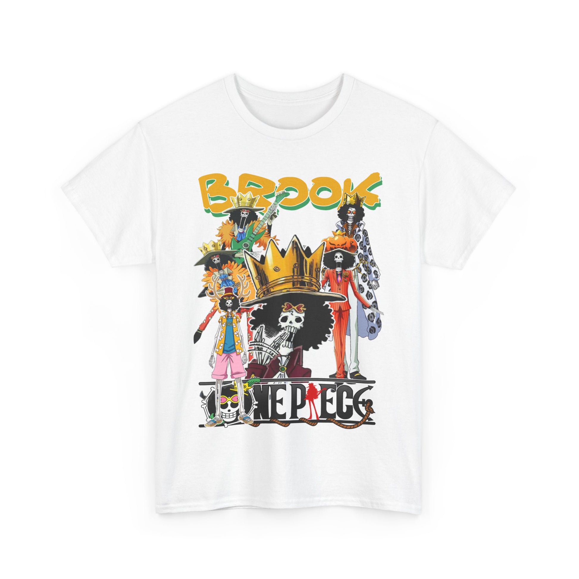 Sophisticated white anime t-shirt displaying a dynamic collage of Brook characters, an exquisite choice for discerning anime fans.