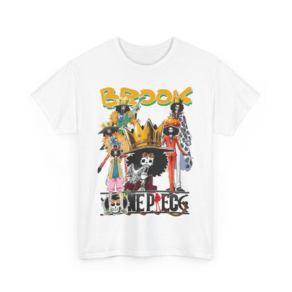 Sophisticated white anime t-shirt displaying a dynamic collage of Brook characters, an exquisite choice for discerning anime fans.