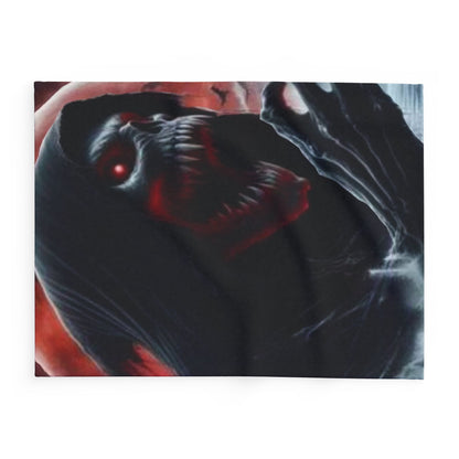 Decorative and Warm Halloween Spooky Arctic Fleece Blanket featuring a menacing figure with glowing red eyes, set against a dramatic dark background, perfect for enhancing your Halloween decor.