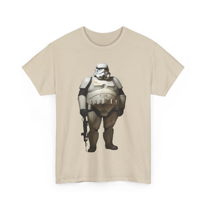 Chubby Stormtrooper Graphic Unisex Graphic Tee Shirt - front view featuring a whimsical chubby Stormtrooper illustration, exuding playful elegance.