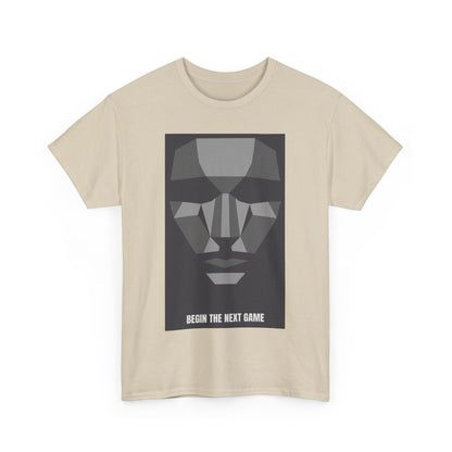 Elegant beige unisex graphic t-shirt featuring a geometric face design with the text 'BEGIN THE NEXT GAME' for a sophisticated streetwear style.