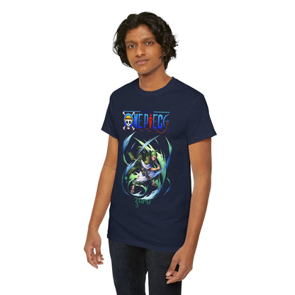Luxury navy blue Epic Men's T-Shirt featuring a stunning illustration of Zoro from One Piece in a dynamic action pose, perfect for anime fans.