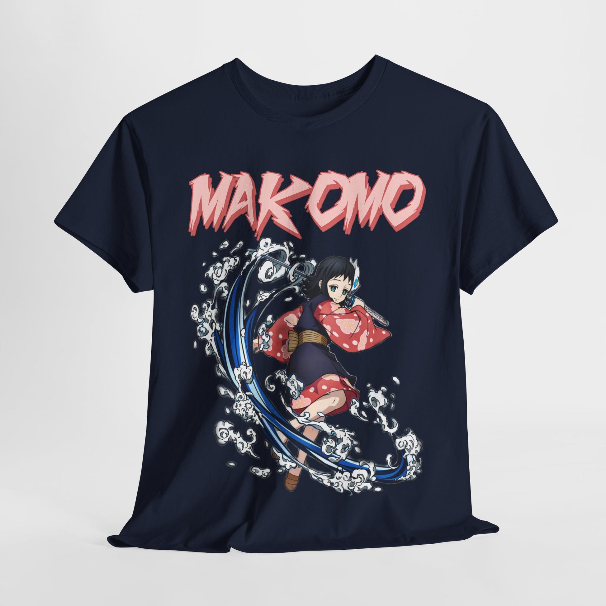 Stunning front view of Makomo Anime T-Shirt displaying vivid artwork of Makomo in action with water elements.