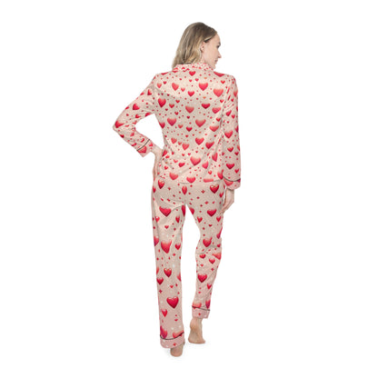 Luxury Women's Satin Pajamas Set with Custom Design, Notch Lapel and Drawstring Waist, highlighting the back view of the beautiful heart-patterned satin set worn by a model, emphasizing its luxurious design.