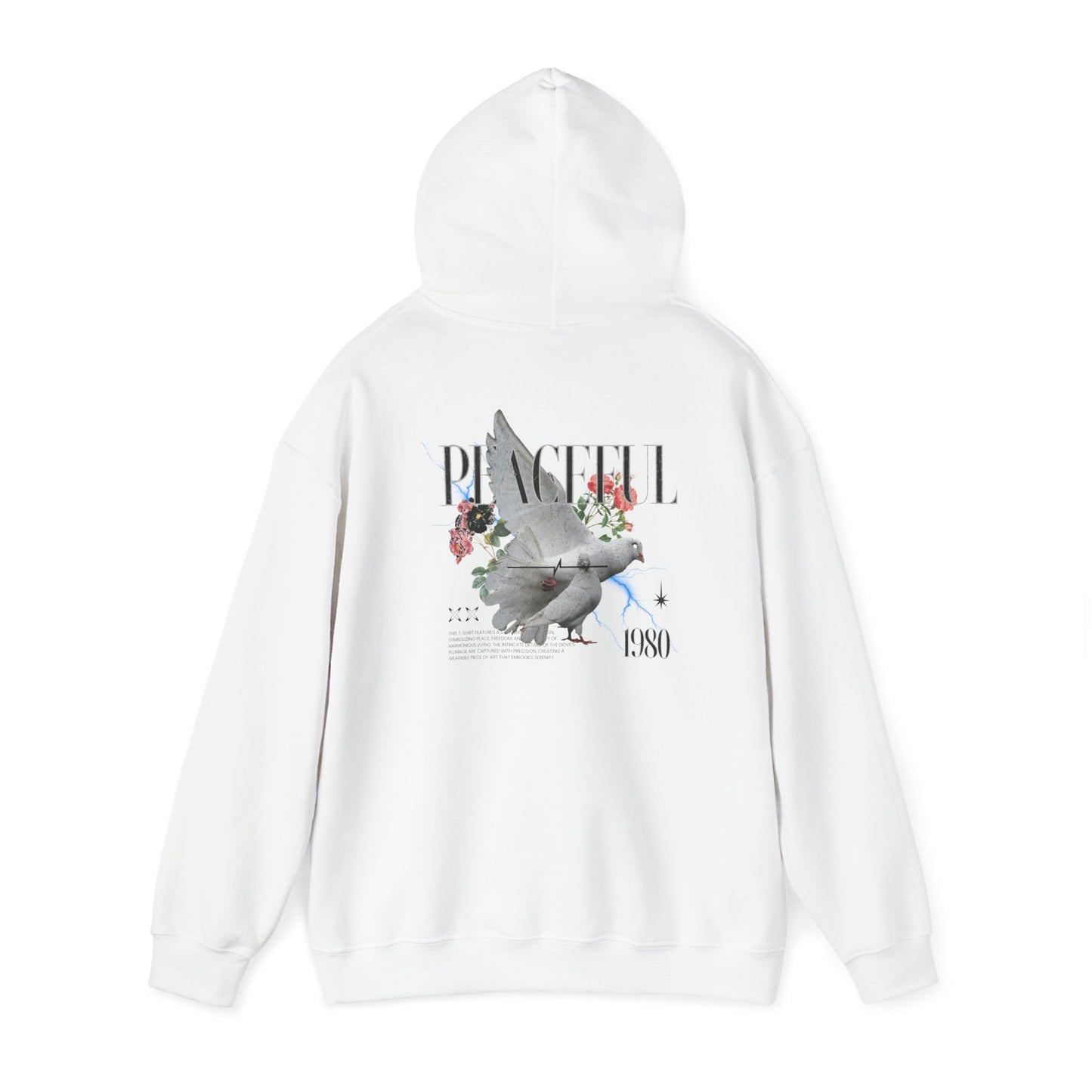 Artfully designed white hoodie featuring a stunning dove and floral graphic on the back, symbolising peace and creativity.