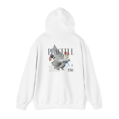 Artfully designed white hoodie featuring a stunning dove and floral graphic on the back, symbolising peace and creativity.