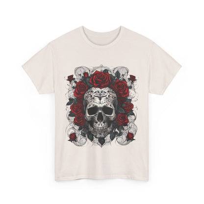 Front view of the Skulls and Roses Cotton Tee in light colour, featuring a striking graphic of a skull surrounded by roses, embodying an edgy yet elegant style.