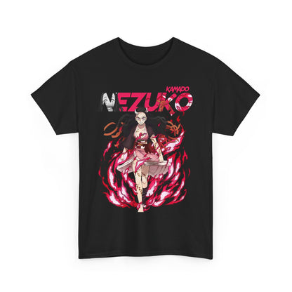 Luxurious black T-shirt featuring an elegant graphic of Nezuko Kamado from anime, surrounded by dynamic flame motifs, perfect for anime enthusiasts.