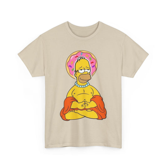 Buddha Homer Simpson Funny Graphic Unisex T Shirt TEE showcasing Homer Simpson seated in lotus posture, adorned with a donut crown, perfect for stylish urban wear that embodies playful spirituality.