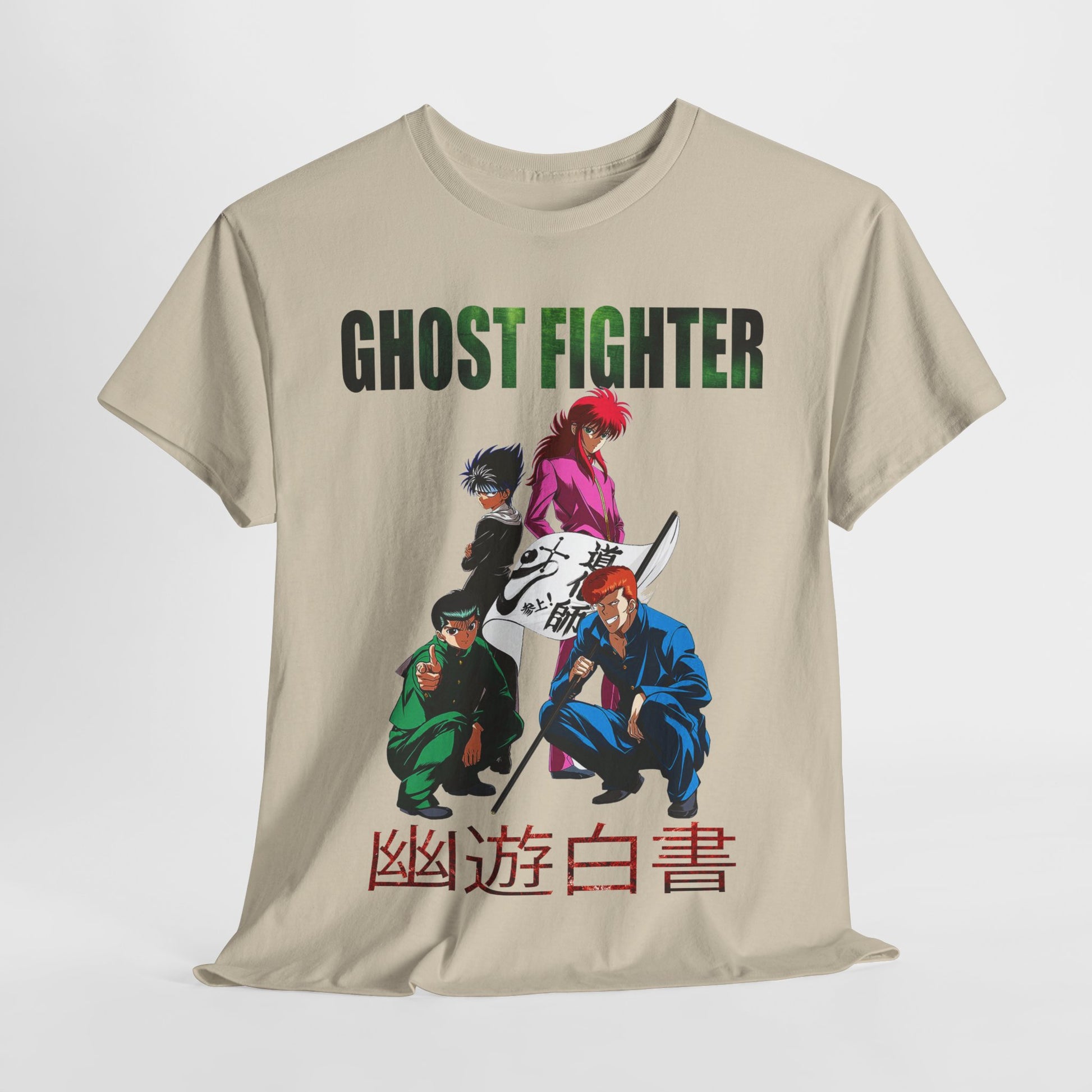 Elegant Ghost Fighter graphic tee featuring iconic anime characters in a dynamic pose, perfect for adding a trendy statement to your wardrobe.
