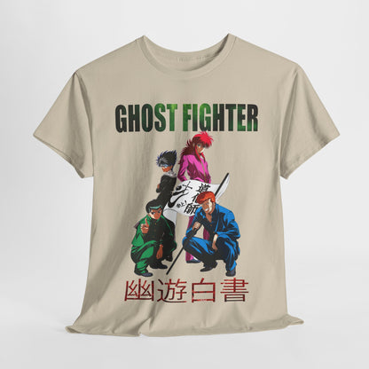 Elegant Ghost Fighter graphic tee featuring iconic anime characters in a dynamic pose, perfect for adding a trendy statement to your wardrobe.