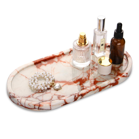 Marble Bathroom Vanity Tray, Oval Natural Luxury Marble Home Kitchen Bathroom Table Tray, Stone Decorative Countertop Serving Trays for Coffee Perfume