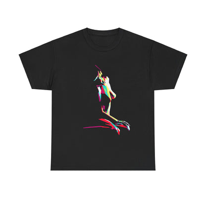 Elegant unisex black t-shirt showcasing a captivating abstract design of a female silhouette in vivid hues, perfect for making a bold fashion statement.