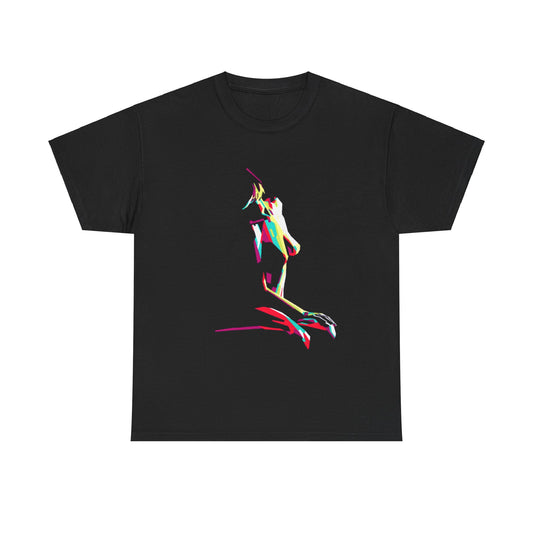 Elegant unisex black t-shirt showcasing a captivating abstract design of a female silhouette in vivid hues, perfect for making a bold fashion statement.
