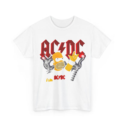Front view of the Homer Rock & Roll Unisex Cotton Tee featuring Homer Simpson in a rock and roll pose with AC/DC branding in bold graphics.