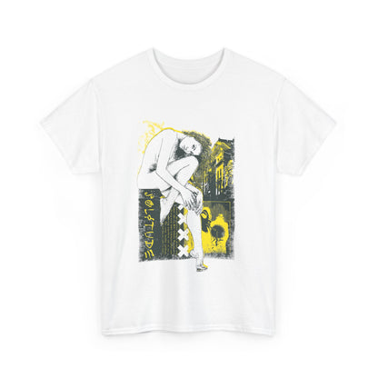 Front view of a elegant white men's T-shirt with an artistic graphic depicting a stylized female figure in a contemplative pose, enhanced with vibrant yellow accents.
