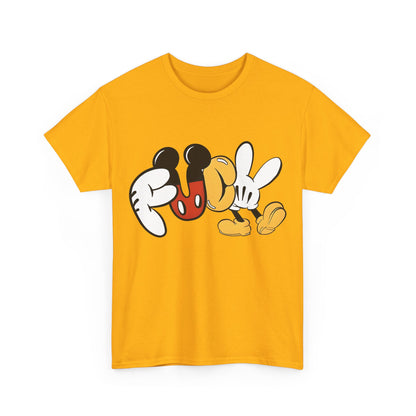 Mickey's Rebellion F**K Graphic T-Shirt in vibrant yellow, showcasing a bold design that combines nostalgia with audacity, featuring Mickey Mouse-inspired elements.